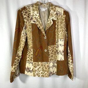 Nancy Bolen Silk Animal Print Beaded Jacket Brown Tan Beaded Vintage Size L
